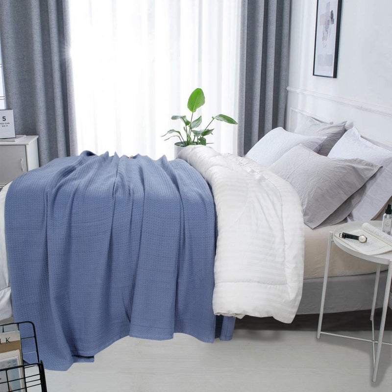DOLLCENT 100% Cotton California King Size Blanket For Bed, Premium Combed Lightweight Blankets, Washed Breathable Cozy Bed Throw Blanket, Blue Cal King Cotton Blankets For All Season: Blue (102"x108") - Image 3